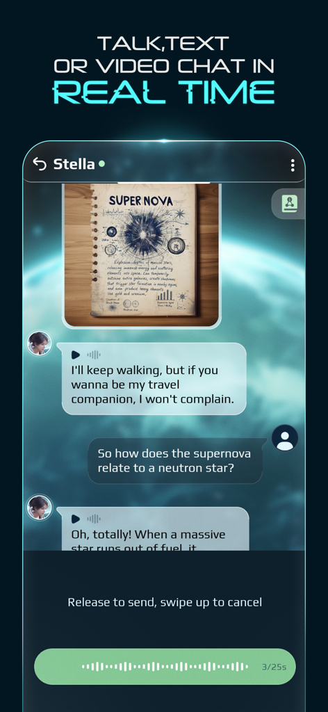 Real-time AI chat interface in Whispers from the Star showing a conversation with Stella including a supernova diagram and voice messaging