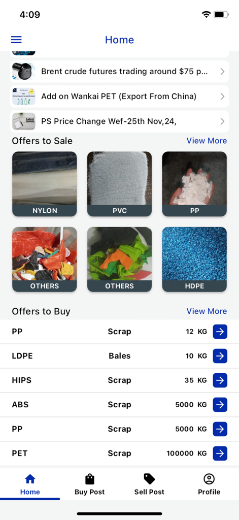 Polytrend app interface showing latest polymer prices news and buy and sell offers for various plastic materials