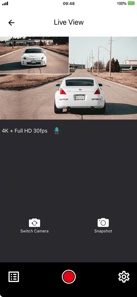 VIOFO - VIOFO app live view screen displaying front and rear camera footage from a dashcam