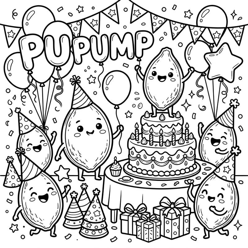 Get ready for a super cute birthday celebration with these cheerful pumpkin seed characters! Adorned with party hats and surrounded by festive treats, this coloring page promises joyful fun for all.