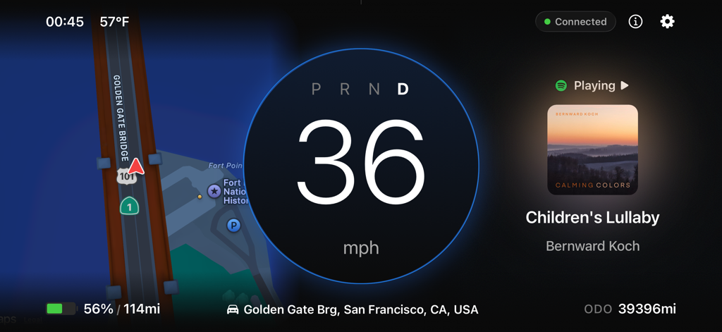 Dashla: Dashboard for Tesla - Dashla App Dashboard-Oberfläche für Tesla, die Geschwindigkeit, Karte, Navigation und Musikwiedergabe anzeigt