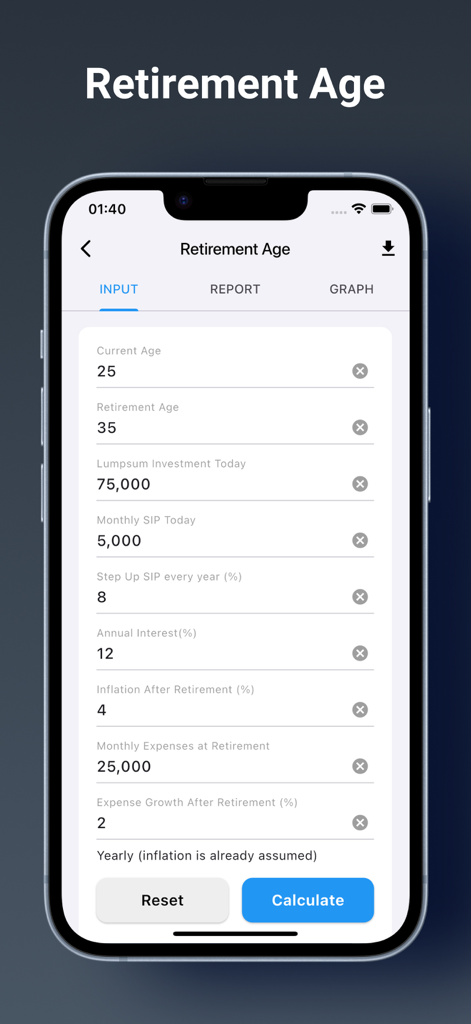 Financial Calculator Loan, SIP - Pantalla de aplicación móvil para la planificación de la edad de jubilación con campos de entrada para la edad actual, inversiones y tasas de inflación.