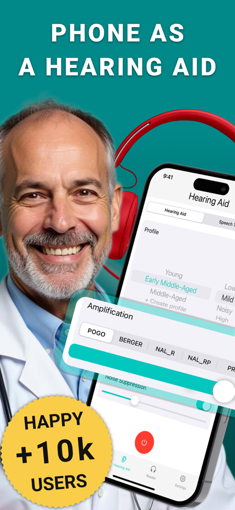 Smartphone exibindo um aplicativo de aparelho auditivo com configurações de amplificação e supressão de ruído ao lado de um homem idoso sorridente usando fones de ouvido