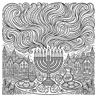 Celebrate Hanukkah with a unique twist! This beautiful coloring page combines traditional festive symbols with the breathtaking wonder of a pulsating aurora.