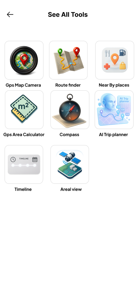 Una pantalla que muestra un menú de herramientas de navegación que incluye Cámara GPS, Calculadora de Área, Planificador de Viajes con IA y Buscador de Rutas.