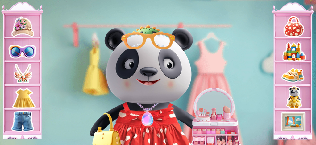 A cute panda character being dressed up with accessories and clothes in the Dino Fun kids app.