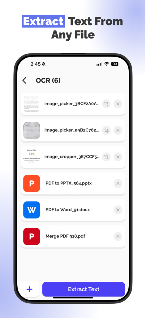 PDF Converter - All Documents - Pantalla de aplicación móvil que muestra la función OCR para extraer texto de imágenes y documentos