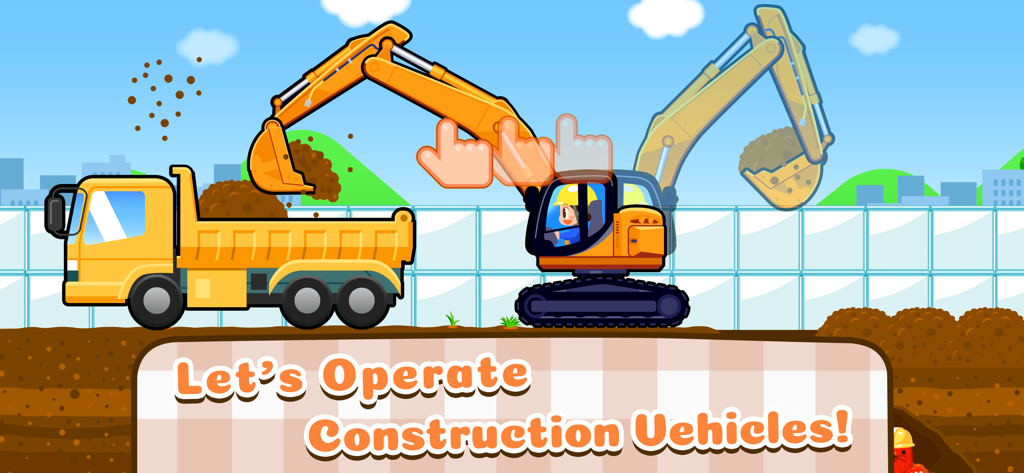 A screenshot showing a kids educational game where they operate a construction excavator and dump truck