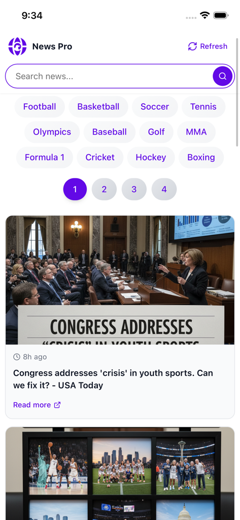 Ai News Pro - Ai News Pro app interface showing sports categories and a news headline about youth sports