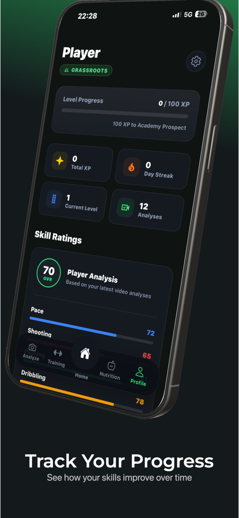 Footly: AI Soccer Coach. - Una pantalla de aplicación móvil que muestra las calificaciones de habilidades de un jugador de fútbol para velocidad y tiro, junto con el progreso del entrenamiento y el estado del nivel.