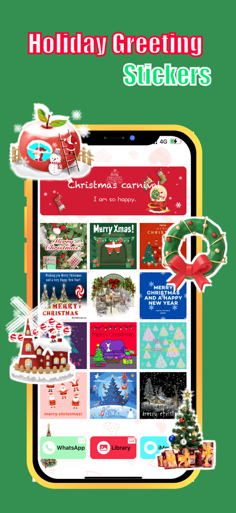 Mobile app interface showing various Christmas holiday greeting stickers