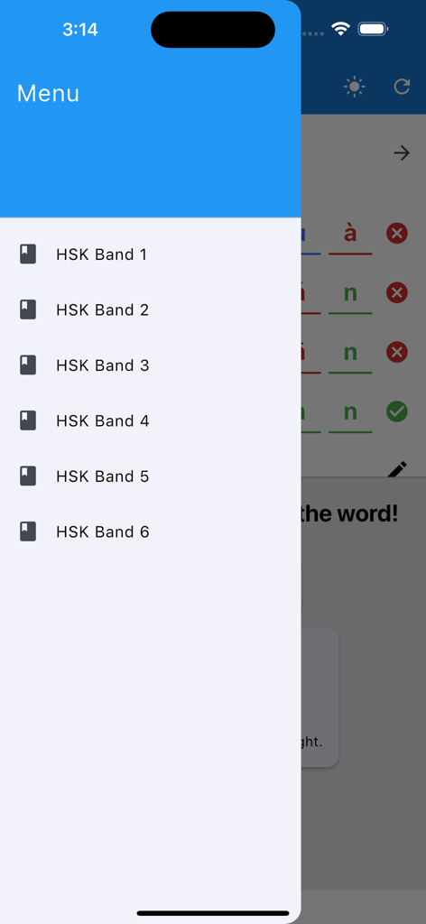 HSK Guesser - Menú lateral de la aplicación HSK Guesser mostrando los niveles de dificultad desde el Nivel HSK 1 hasta el Nivel HSK 6
