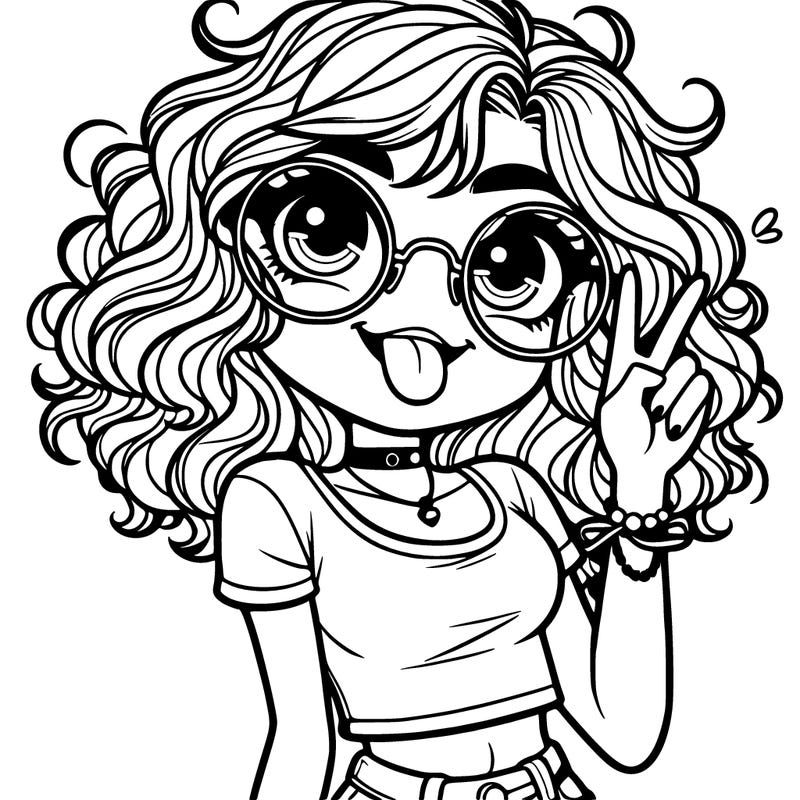 girl sticking out her tongue curly hair glasses and showing peace hand  and is where it jeans and a crop top and a choker