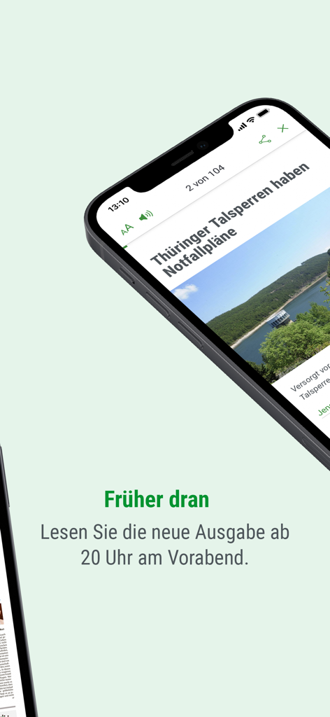 inSüdthüringen.de E-Paper - Mobile screen showing a news article from the inSüdthüringen E-Paper app with a text highlighting early access availability at 8 PM