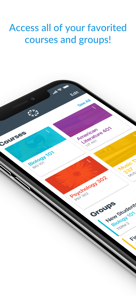Canvas by Instructure - Canvas mobile app dashboard displaying favorited school courses and groups on a smartphone