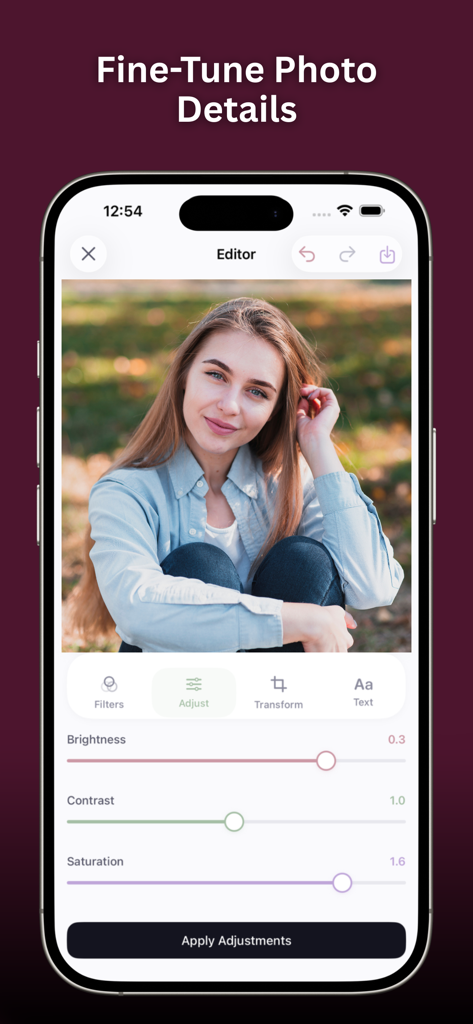 Photo Edit Studio++ - Interface of Photo Edit Studio plus plus app with sliders to adjust brightness contrast and saturation