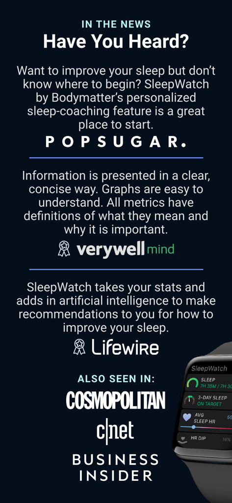 SleepWatch - Top Sleep Tracker - Medienberichte und Rezensionen für die SleepWatch-App von großen Publikationen wie Popsugar und CNET.