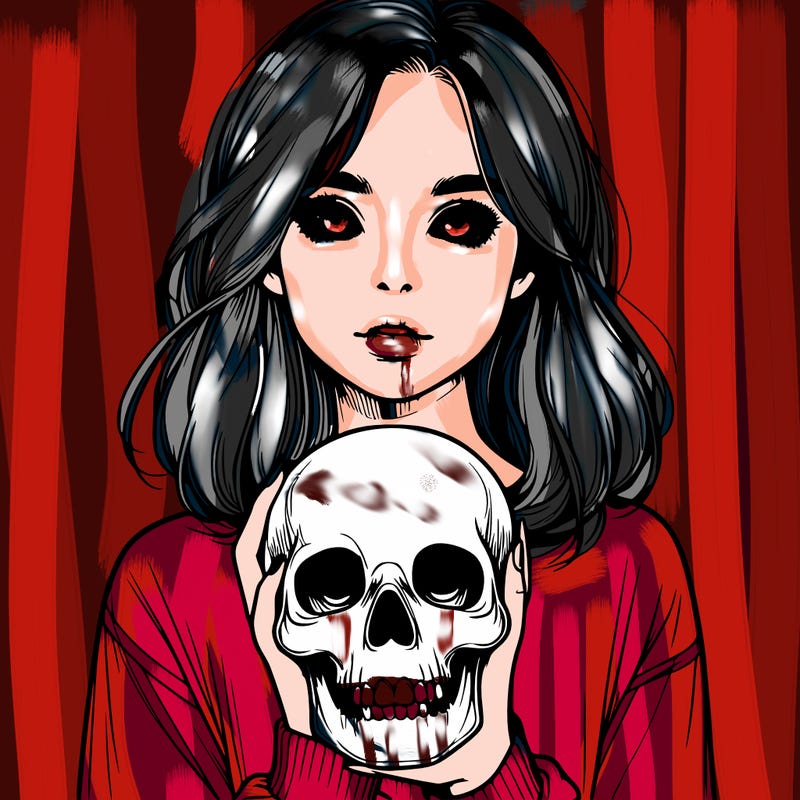 realistic girl holding a skull