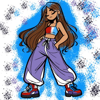 girl in baggy pants crop top and long hair