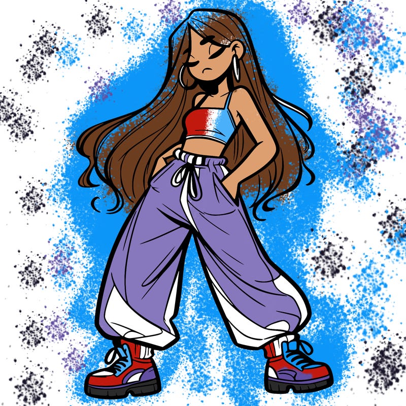 girl in baggy pants crop top and long hair