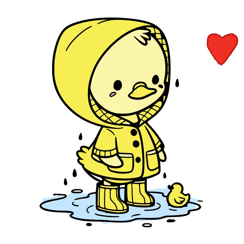 baby duck in a rain coat and boots, in a puddle while it’s raining