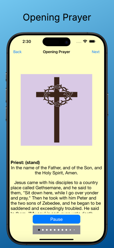 Scriptural Stations - English - Pantalla de oración de apertura de la aplicación Estaciones Bíblicas con un icono de cruz y corona de espinas.