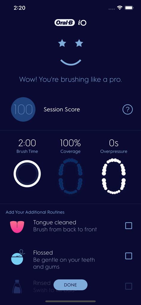 Oral-B - Oral-B app dashboard showing a perfect 100 brushing score and dental hygiene routine tracking
