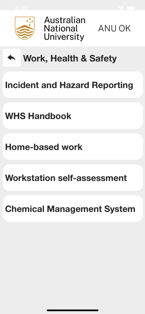 ANUOK - ANUOKキャンパス安全アプリの「作業、健康、安全」メニュー。