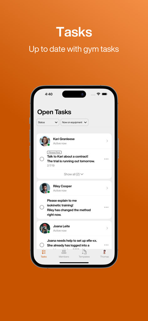 EGYM Trainer app interface showing a list of open tasks for managing gym members