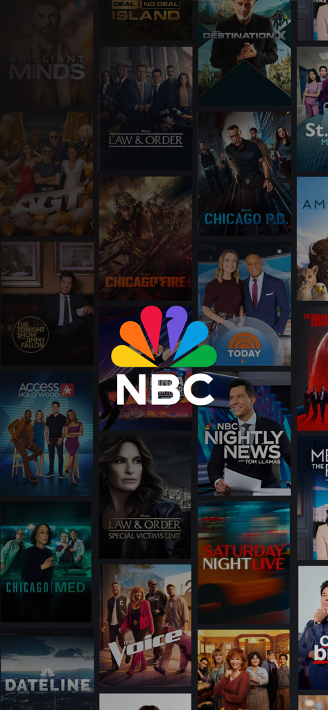 Un collage de series de televisión populares de NBC como Law and Order y Chicago Fire con el logo del pavo real de NBC centrado