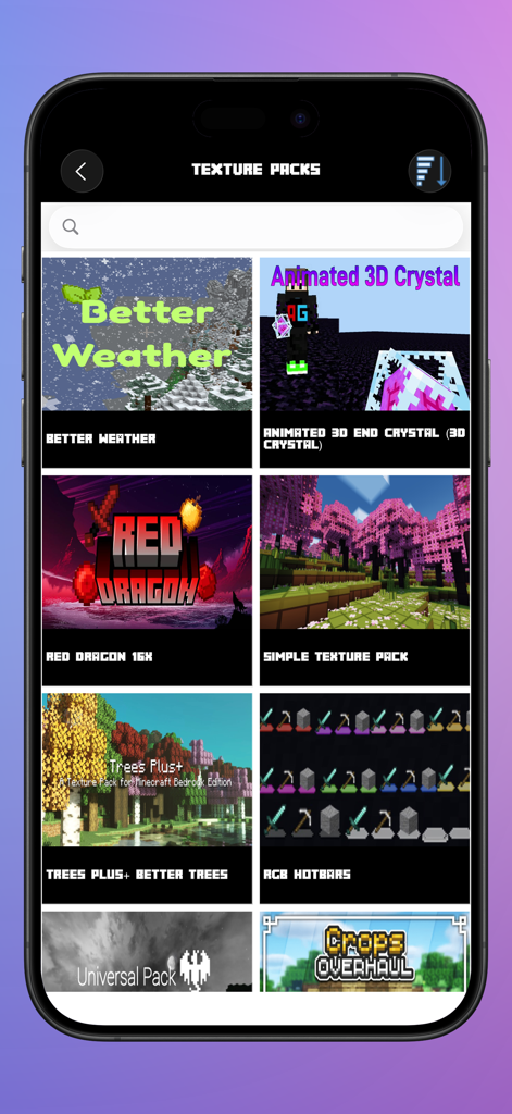 Addons for Minecraft PE ▶ - A selection screen for various Minecraft PE texture packs including weather and dragon mods
