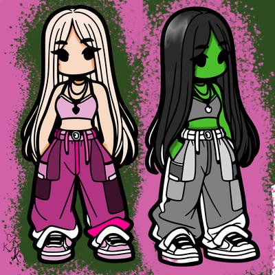 girl in baggy pants crop top and long hair