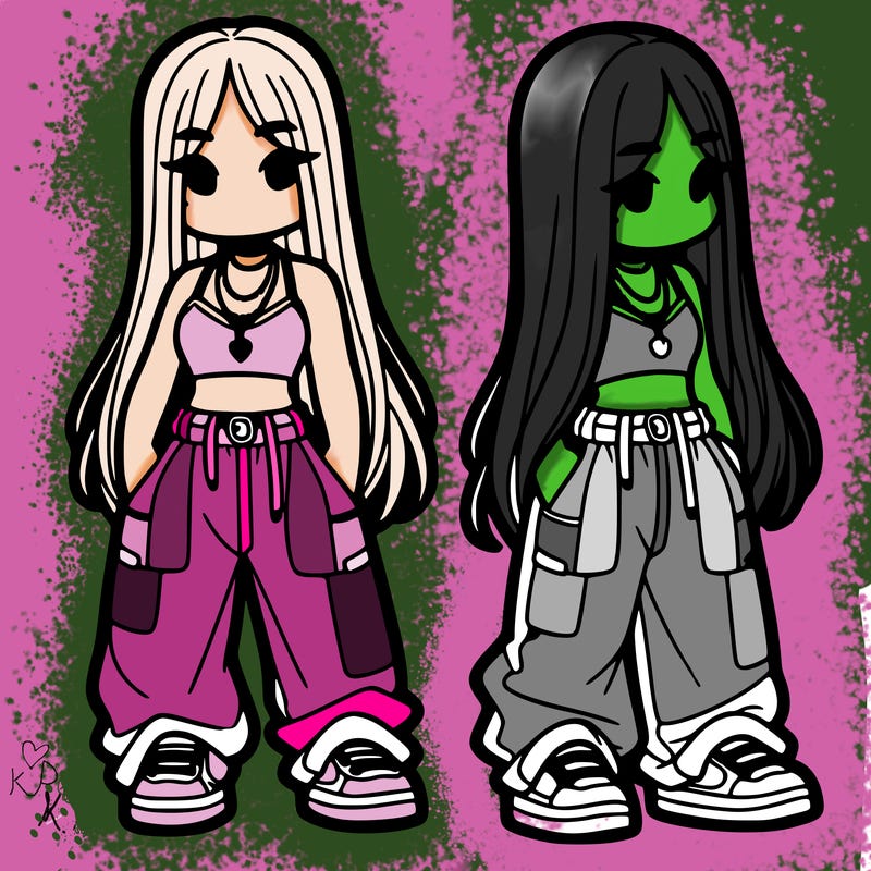 girl in baggy pants crop top and long hair