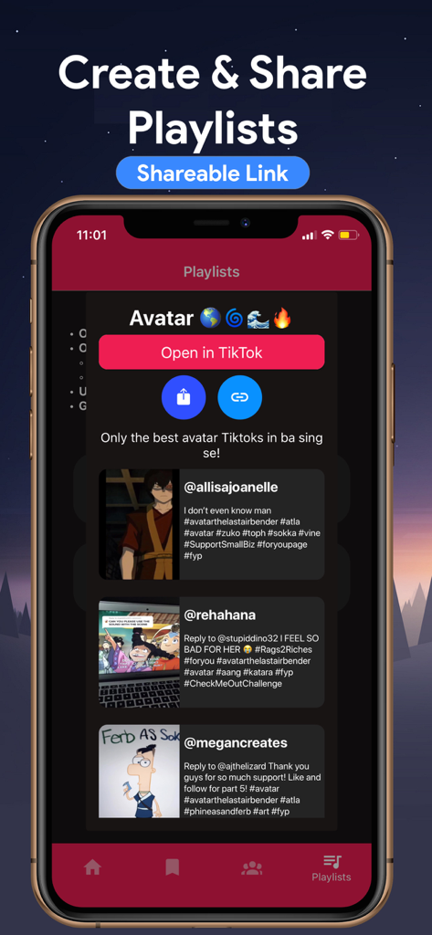 Interfaccia dell'app SaveTok che mostra una playlist curata di video TikTok con un'opzione per creare un link condivisibile