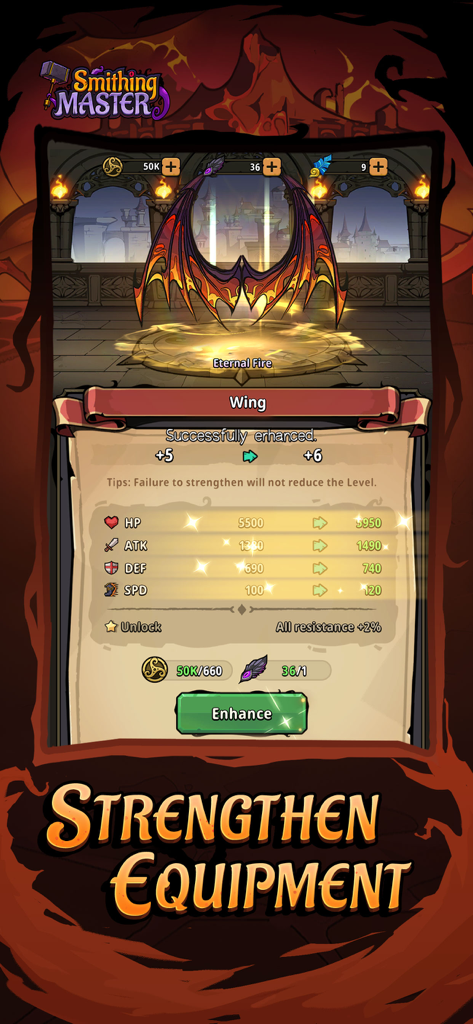 Smithing Master - Oberfläche zur Verbesserung der Ausrüstung im Smithing Master Spiel, die aufgewertete Flügelstatistiken zeigt.