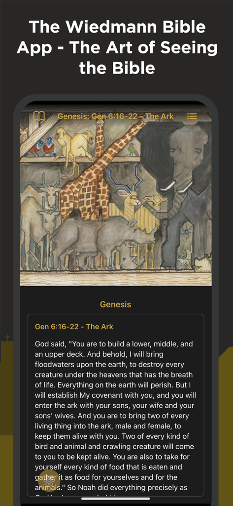 L'application Bible Wiedmann affichant une illustration peinte à la main de l'Arche de Noé avec le texte scripturaire de la Genèse