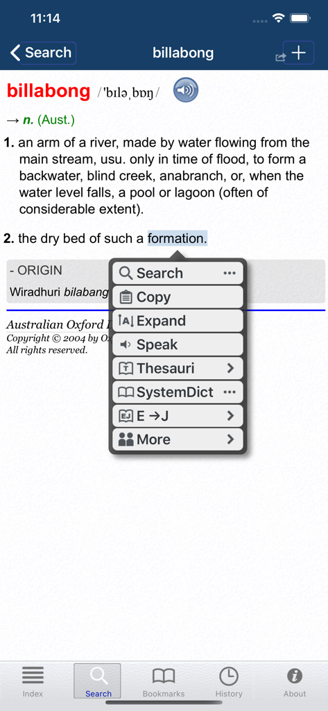 Definition of the word billabong in the Australian Oxford Dictionary app with a lookup context menu.