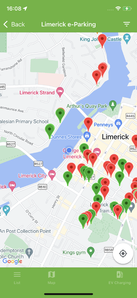 Limerick e-Parking - A map of Limerick city within the Limerick e-Parking app showing green and red parking availability pins.
