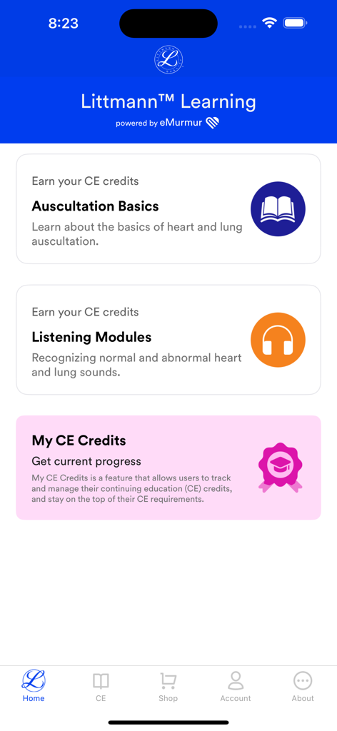 Littmann™ Learning - Home screen of the Littmann Learning app showing auscultation basics and continuing education credit modules.