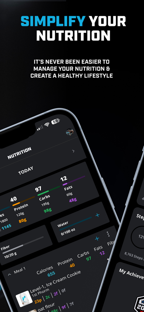 La aplicación 1st Phorm muestra el panel de nutrición con seguimiento de macros de proteínas, carbohidratos y grasas
