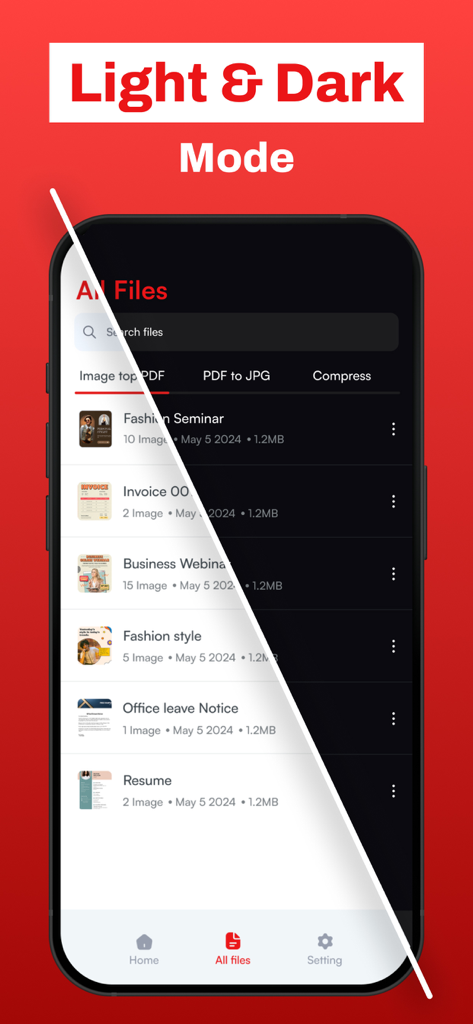 Captura de tela do aplicativo PDF Maker demonstrando a interface de modo claro e escuro para gerenciamento de documentos