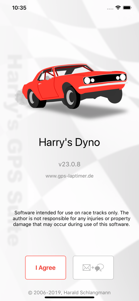 Introductory screen for Harrys Dyno app featuring a red muscle car and legal disclaimer