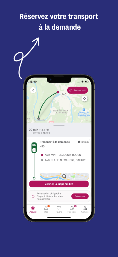 My Astuce - My Astuce mobile app interface showing a route on a map for booking on demand transport in Rouen