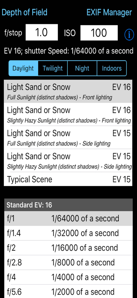 Exposure Calculator - Interface of the Exposure Calculator app showing f-stop and ISO inputs with calculated shutter speeds for different lighting conditions