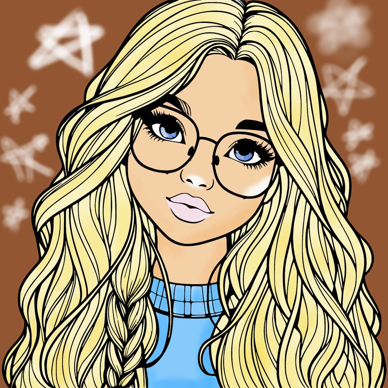 girl with long hair and freckles and glasses realistic