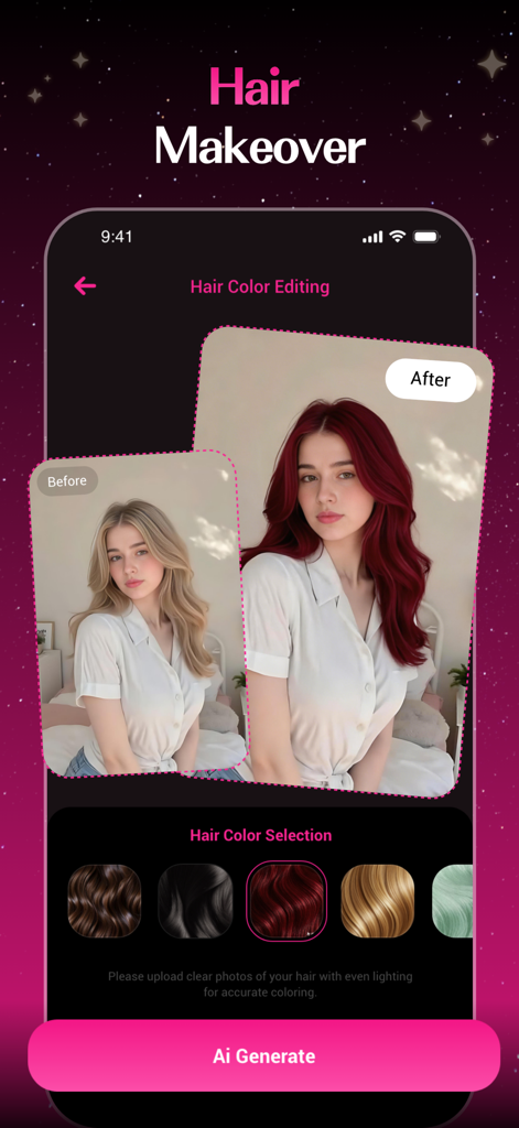 StyleMe: AI Photo & Video - Before and after comparison of an AI hair color makeover from blonde to red using the StyleMe app.