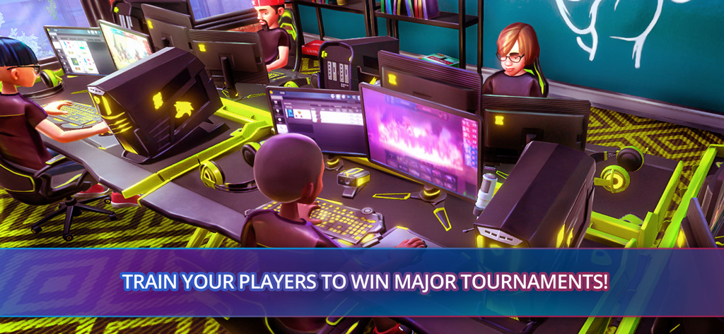 Esports Life Tycoon - Esports players training at computer desks in a professional gaming house