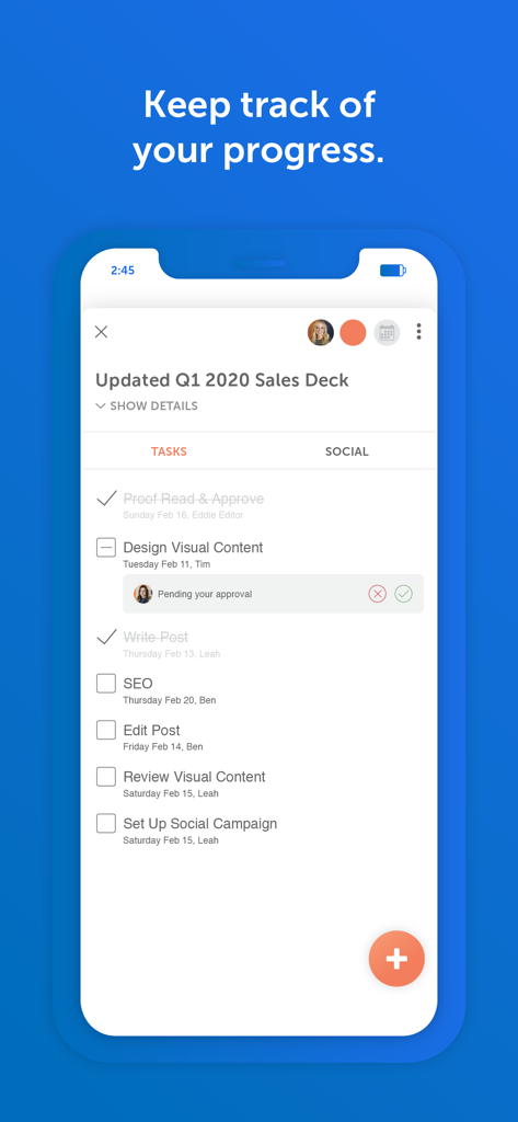 CoSchedule mobile app interface showing a list of marketing project tasks and progress tracking