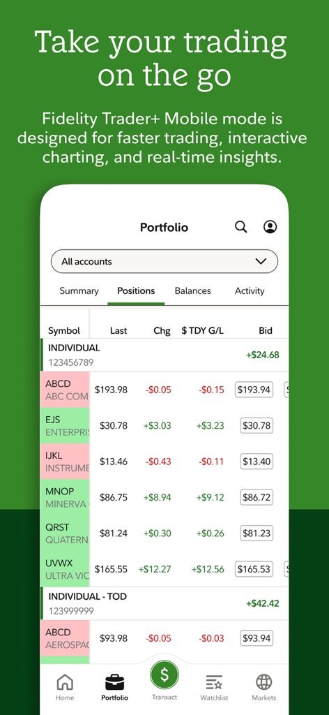 Fidelity Investments mobile app portfolio positions dashboard with stock data