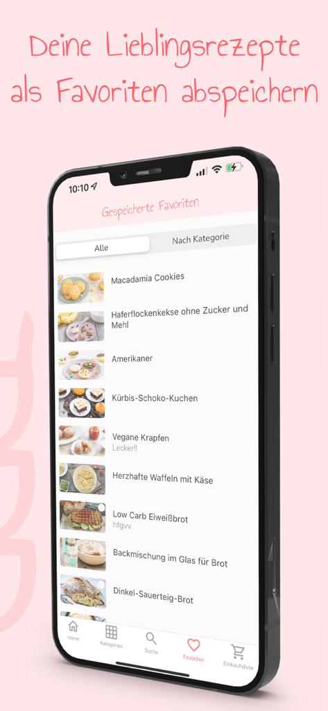 Backen macht glücklich - Backen macht glücklichアプリ内で保存されたお気に入りのベーキングレシピのリストを表示するスマートフォンの画面。